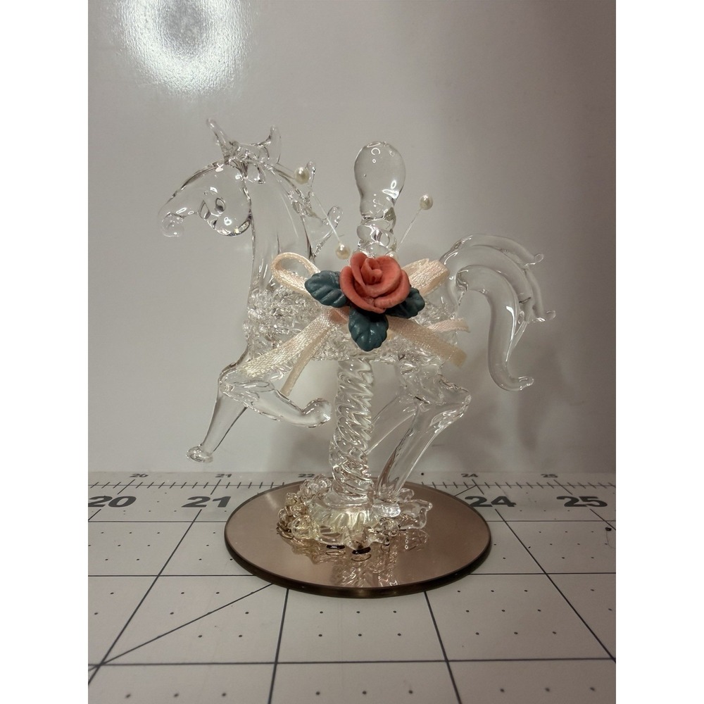 Vintage Spun Glass Carousel Horse Figurine Mirrored Base Rose Bow In Box